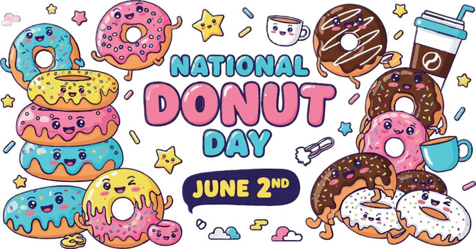 National Donut Day, colorful donuts, sweet treats, bakery icons, June 2nd celebration