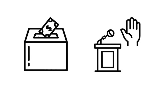 Icon representing voting with money in a ballot box and a podium with a raised hand indicating a speech or debate candidate speech voting booth voting day