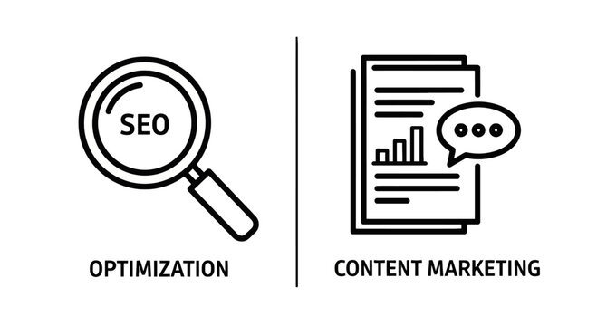 Seo optimization and content marketing business icon set featuring magnifying glass and document with speech bubble and bar charts optimization marketing