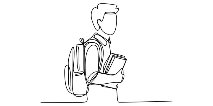 A single continuous line drawing of a male student carrying a backpack and holding his textbooks