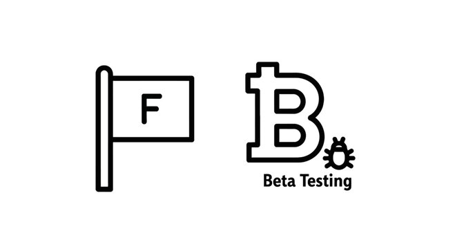 Software development icons representing beta testing with bug symbol and feature flagging indicator software development technology programming feedback