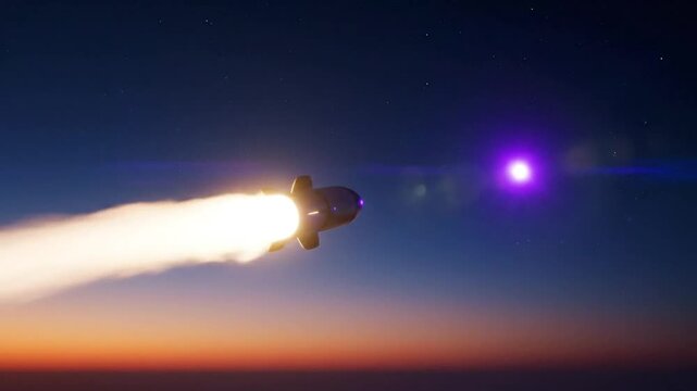 Futuristic rocket launching into space towards a bright purple star in the colorful night sky