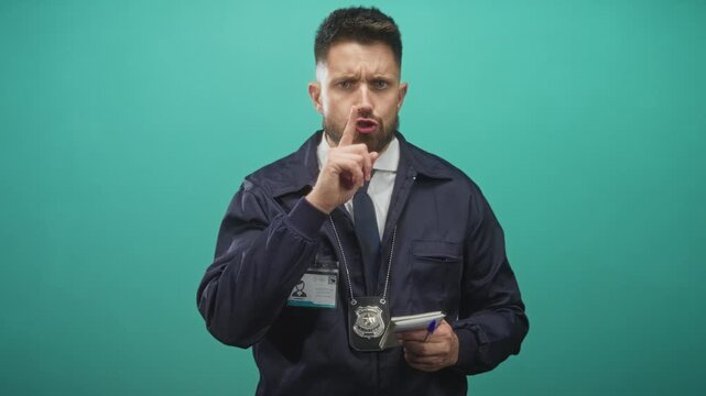 Man with police badge and lanyard holding notepad and pen, finger to lips for silence while writing notes and checking id in studio; authority caution.