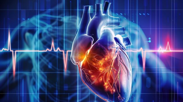 Detailed medical illustration of cardiac arrhythmia showing abnormal heart rhythm, irregular heartbeat, ECG/EKG waveform comparison, atrial fibrillation, ventricular tachycardia, bradycardia, 