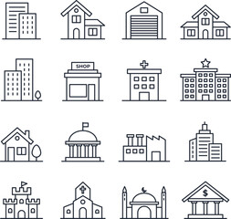 Naklejka premium Set of thin line representing various buildings and structures, including houses, shops, hospitals, factories, and government buildings