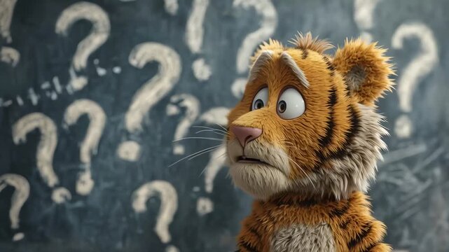 Confused Cartoon Tiger with Question Marks on Blackboard