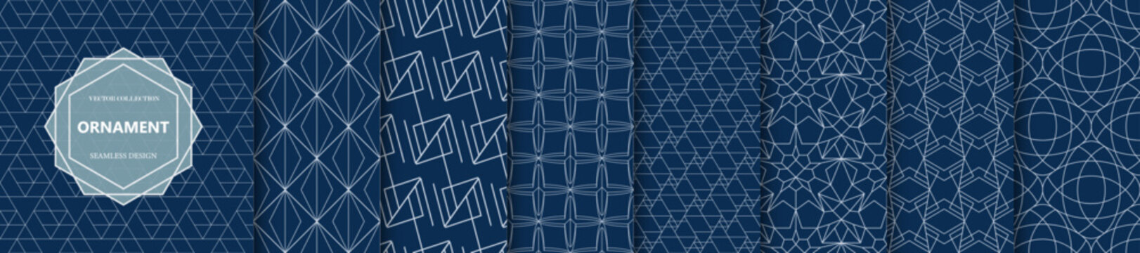 Collection of blue seamless ornamental geometric patterns - outline textures. Repeatable elegant royal oriental backgrounds. Symmetry endless prints
