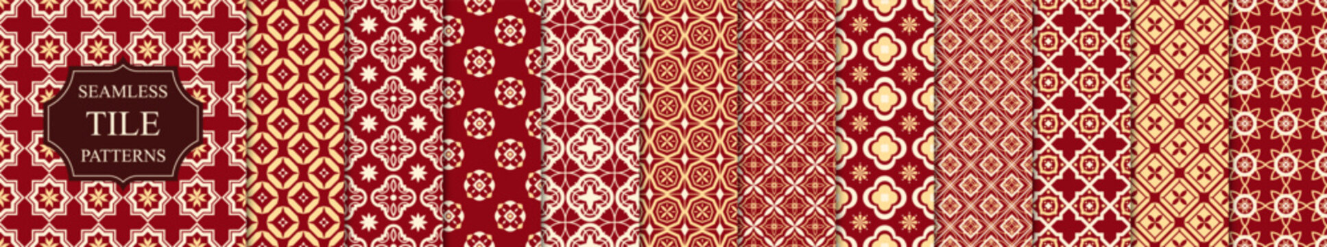 Collection of bright colorful seamless geometric tile mosaic patterns in Asian style. Decorative ornamental red and gold vector backgrounds