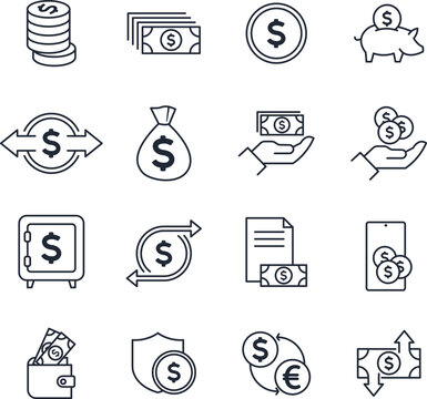 Various currency symbols in black and white including dollar, euro, pound, yen, and rupee signs dollar sign