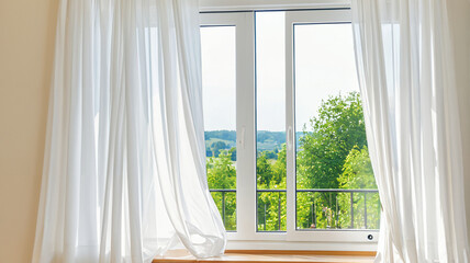Fototapeta premium Offenes Fenster mit wehenden weißen Vorhängen und Ausblick ins Grüne