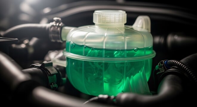 Close-up of a cars coolant reservoir filled with bright green antifreeze liquid.