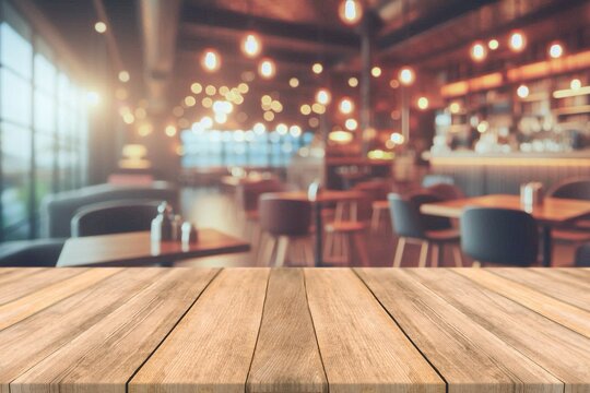 Empty wooden table top with blurred coffee shop and bokeh background for product display.