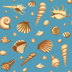 Fototapeta premium Seamless outline pattern with a set of different shells for your