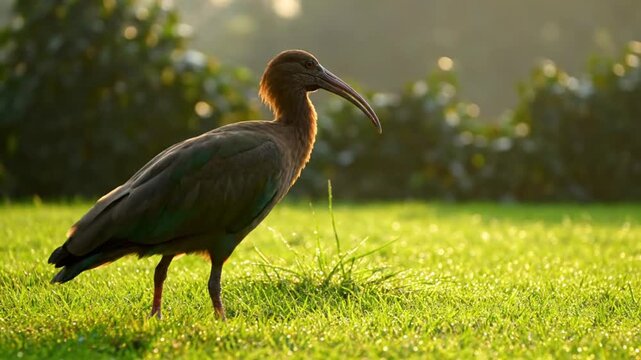 Morning light illuminates a graceful ibis standing in a vibrant green meadow during golden hour showcasing natural beauty