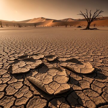 Arid desert landscape with cracked earth, dead trees, and sand dunes at sunset