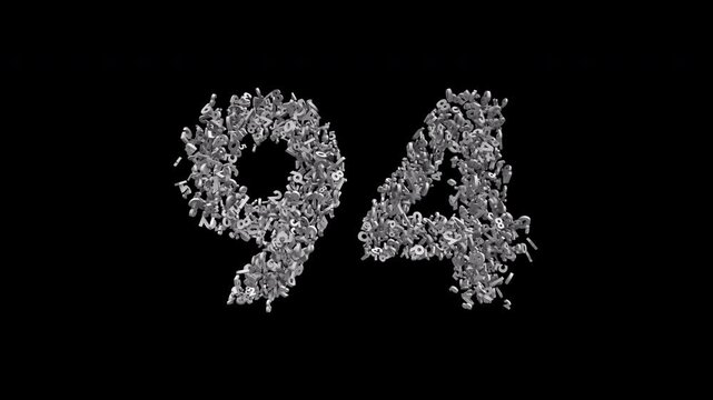 Number 94 Formed by Small Digits Animation with Alpha Channel. Typographic Number Formation Effect. Digital Number Made of Numbers. 3D Font Typographic Animation. Transparent Background