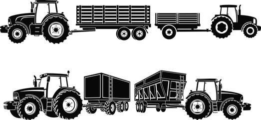 Set of agricultural tractor with trailers silhouettes isolated, farm transport vehicles, heavy machinery, rural farming equipment, cargo haulage illustration for industrial agriculture design use © Adib