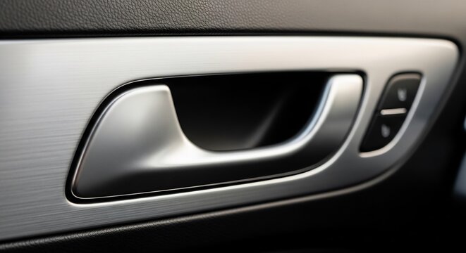 Close up of a modern car door handle with brushed metal finish.