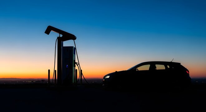 Silhouette of car and oil pump at sunset with colorful sky