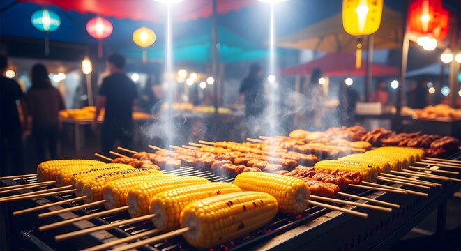 Grilled corn on the cob and meat skewers at a lively outdoor food market
