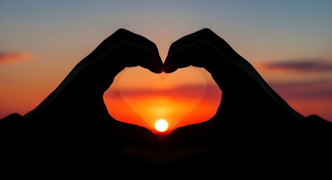 Hands forming a heart shape around a beautiful sunset with orange sky