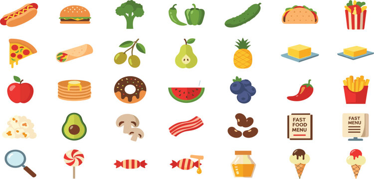 Food Icon Set with Fruits Vegetables Fast Food Snacks Desserts and Healthy Meal Symbols Vector Collection Design