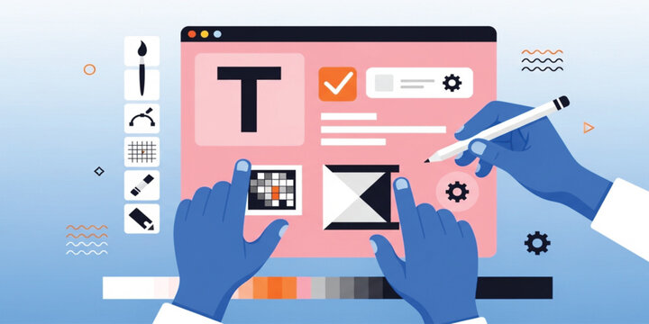 Graphic design interface flat vector illustration showing designer hands working on digital software with creative tools for website development, branding, and UI UX project