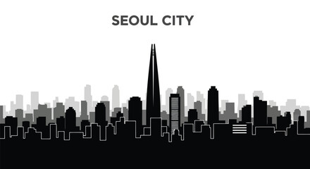 Obraz premium Minimalist black and white silhouette of Seoul city skyline featuring iconic Lotte World Tower