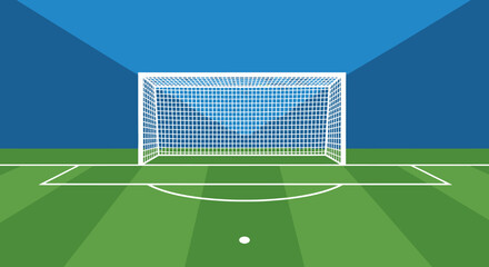 An empty soccer goal net stands on a green grass football pitch under a blue sky at an outdoor sports stadium © IMRONI