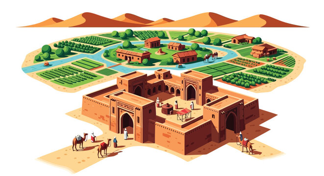 Ancient desert settlement with oasis and irrigation canals isometric vector illustration