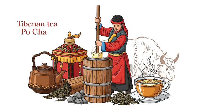 Tibetan butter tea preparation with traditional churn and yak illustration vector