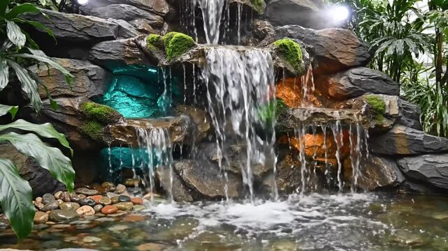 Tranquil indoor waterfall display with colorful lighting cascading into a pond setting with lush greenery