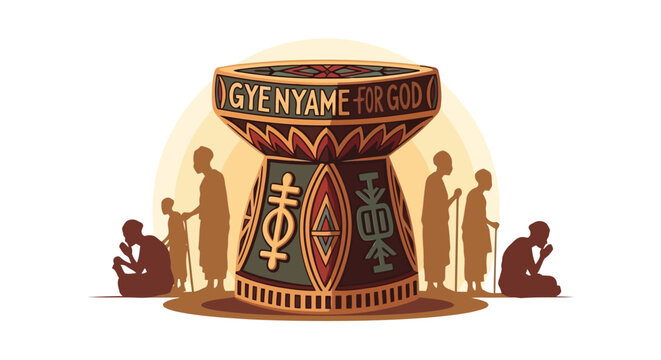 Gye Nyame symbol on traditional African drum with people praying illustration