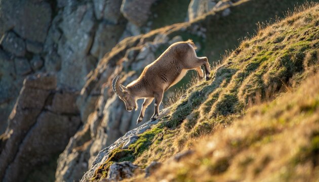 Agile Mountain Goat Navigating Steep Terrain in Golden Light.