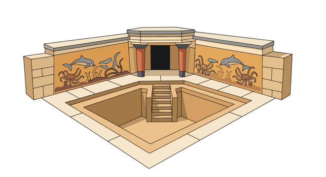 Isometric illustration of ancient Minoan palace courtyard with dolphin frescoes