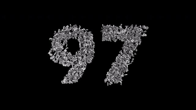 Number 97 Formed by Small Digits Animation with Alpha Channel. Typographic Number Formation Effect. Digital Number Made of Numbers. 3D Font Typographic Animation. Transparent Background