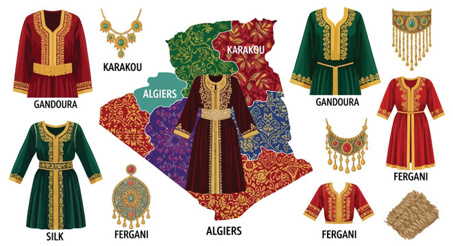 Collection of traditional Algerian clothing and jewelry with map of Algiers in vector