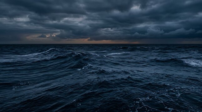 A dramatic ocean landscape with dark stormy clouds and rough waves in the water