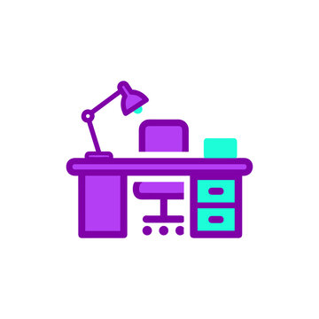 Purple and teal office desk illustration featuring a computer lamp drawers and chair in a minimalist workspace setting