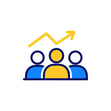Minimalist icon of three stylized people with an upward yellow arrow symbolizing growth and progress in a team or group setting