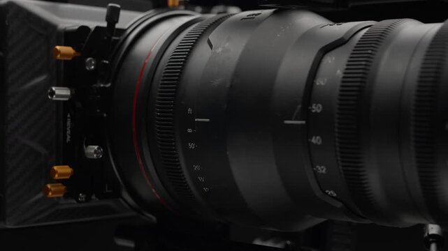 Professional cine zoom lens close-up on camera