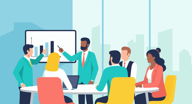Diverse professionals in a bright conference room, presenting charts on a screen