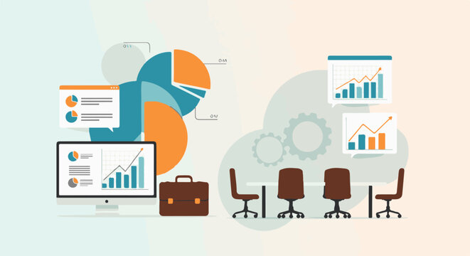 Business meeting with charts and graphs displayed on screens and pie charts, plus a briefcase