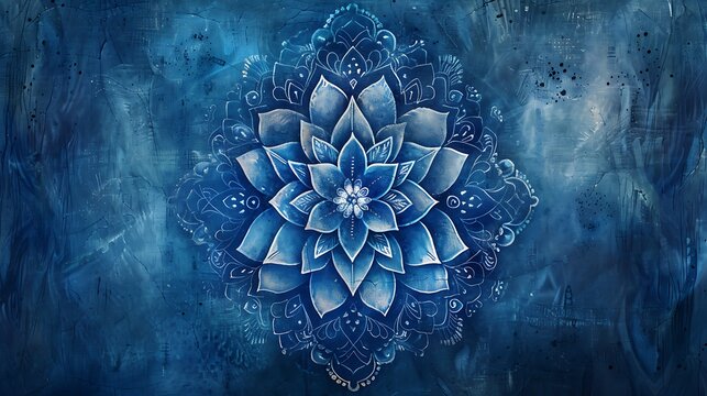 Intricate blue mandala design with floral patterns on a textured background
