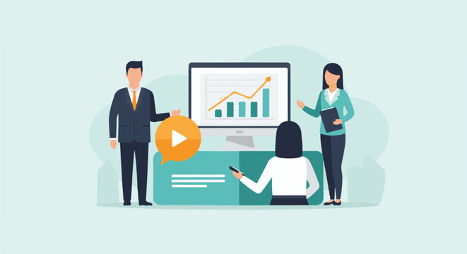 Business team presenting data on computer screen with upward trending graph, icons