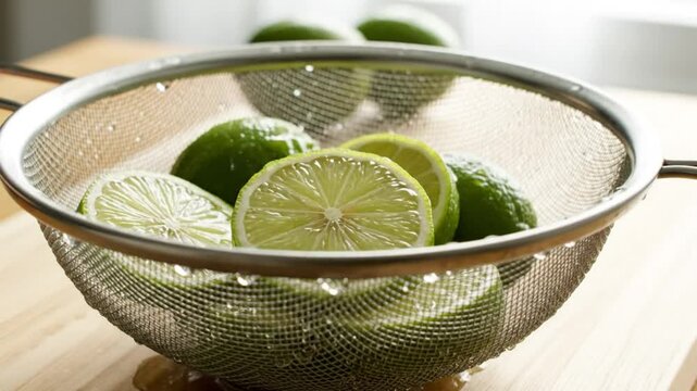 Washing fresh limes in a mesh strainer with water draining onto a wooden cutting board