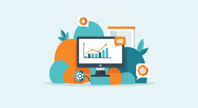 Computer screen displaying upward trending graph amidst abstract shapes and communication icons