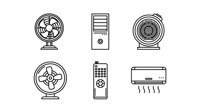 Fans and air conditioners set with line icons and remote control featuring cooling devices, heating and cooling, HVAC with vector illustrations and