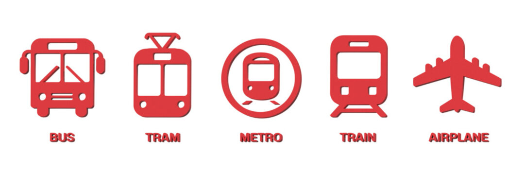 Public transport icons illustration, silhouette set of car bus tram train metro plane and ship with station signs for mobility design.
