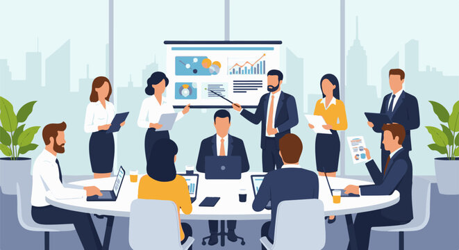 A business meeting with diverse professionals discussing charts on a projector screen